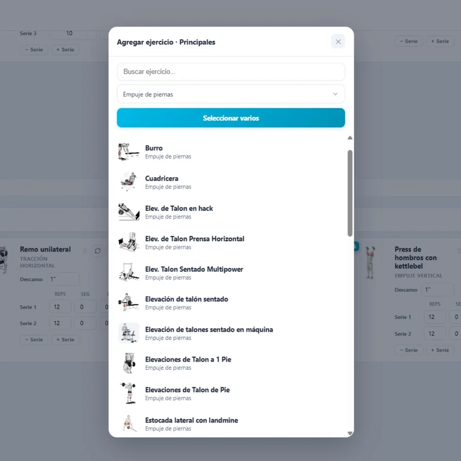 Modal selector de ejercicios con la biblioteca