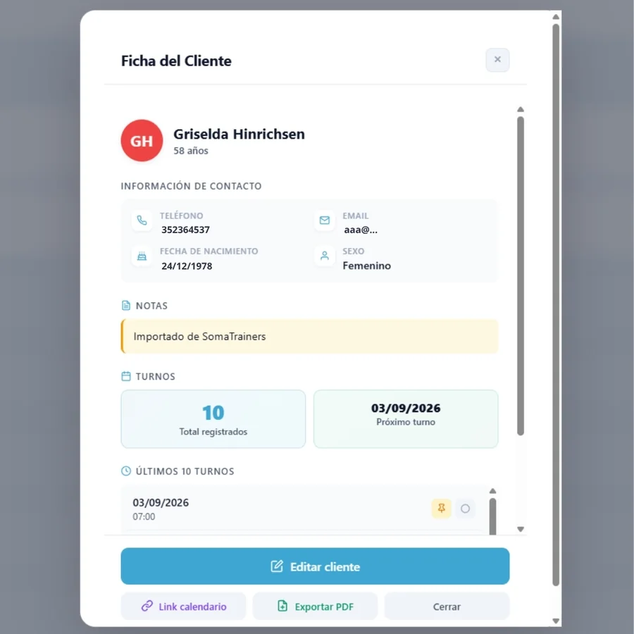 Vista de la ficha de un cliente