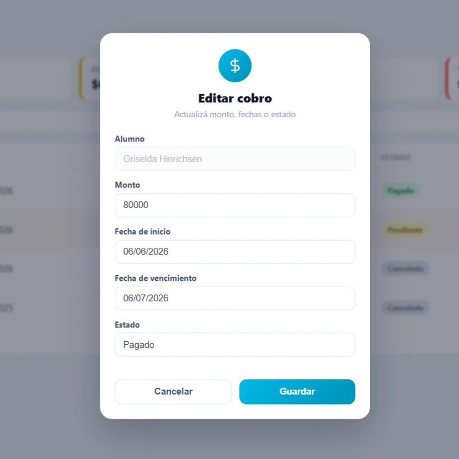 Modal de editar cobro