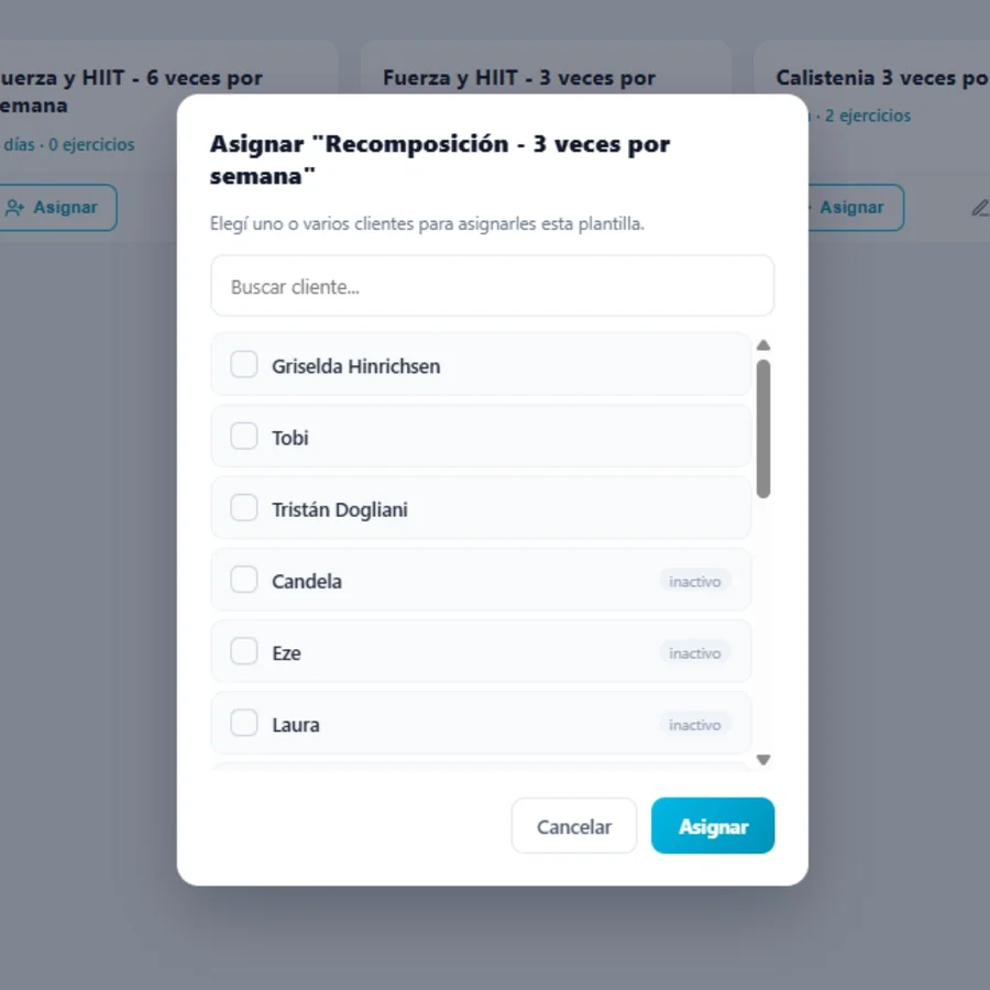 Modal para asignar la plantilla a clientes