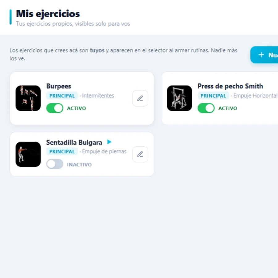 Lista de ejercicios propios del entrenador