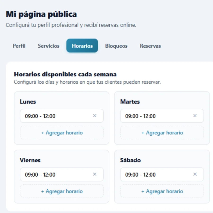 Sección de horarios de la página pública