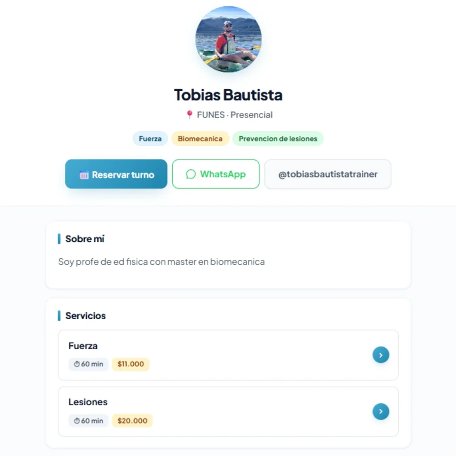 Página pública con perfil y reservas