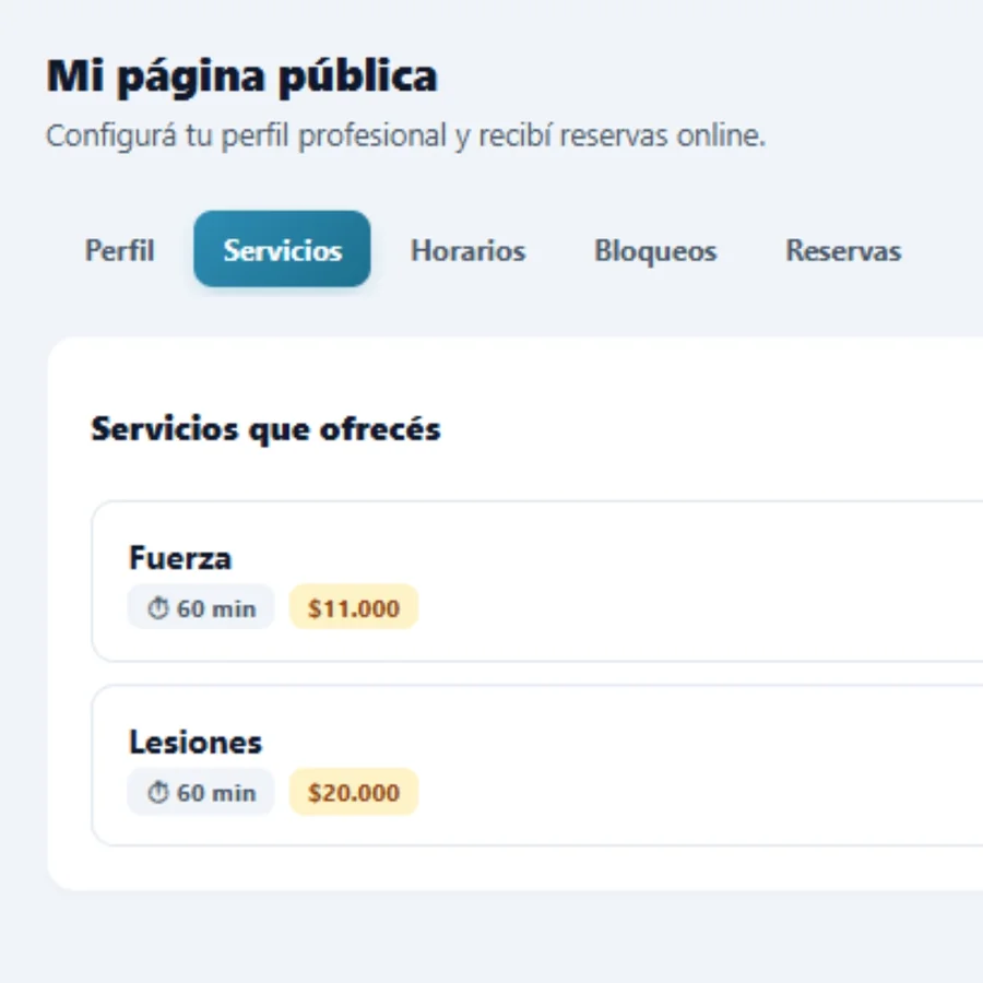 Sección de servicios de la página pública