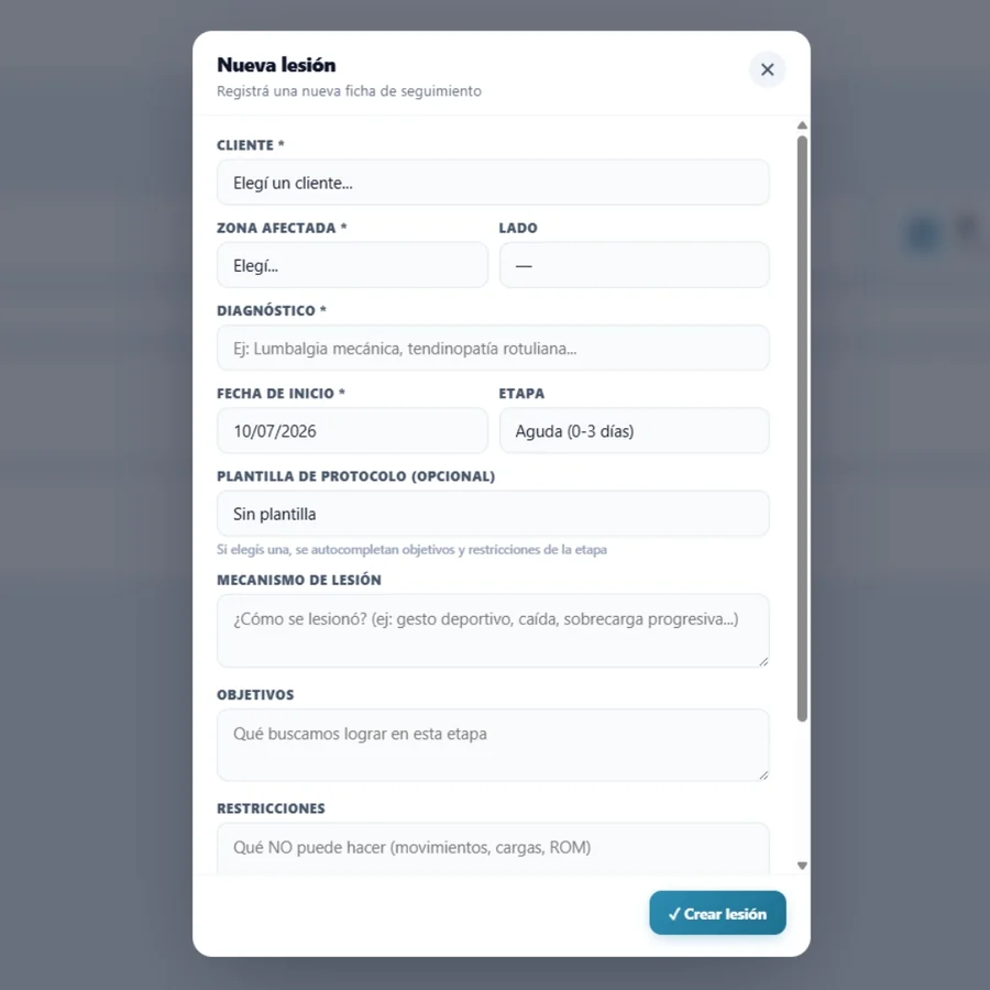 Modal de nueva lesión