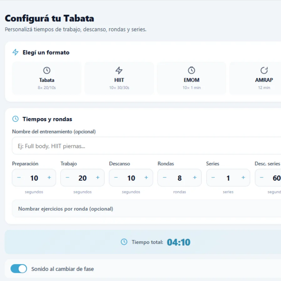 Panel de configuración del Tabata