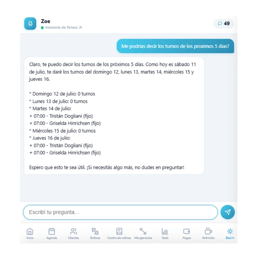 Zoe IA respondiendo sobre los turnos de la semana