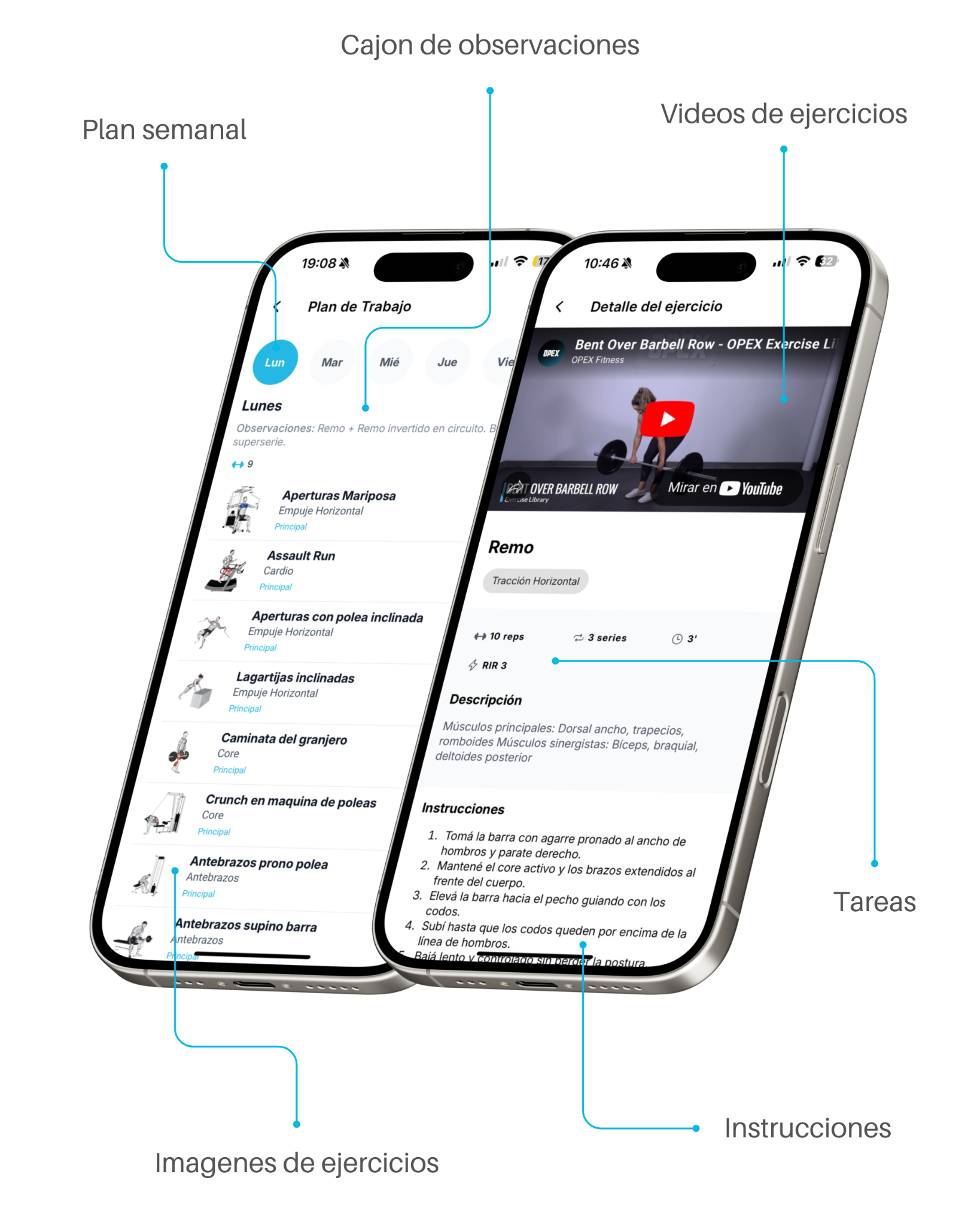 Vista del plan de trabajo y detalle de ejercicio